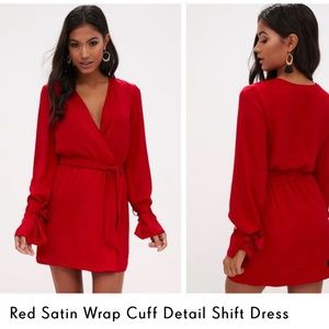 PLT red satin wrap cuff detail shift dress